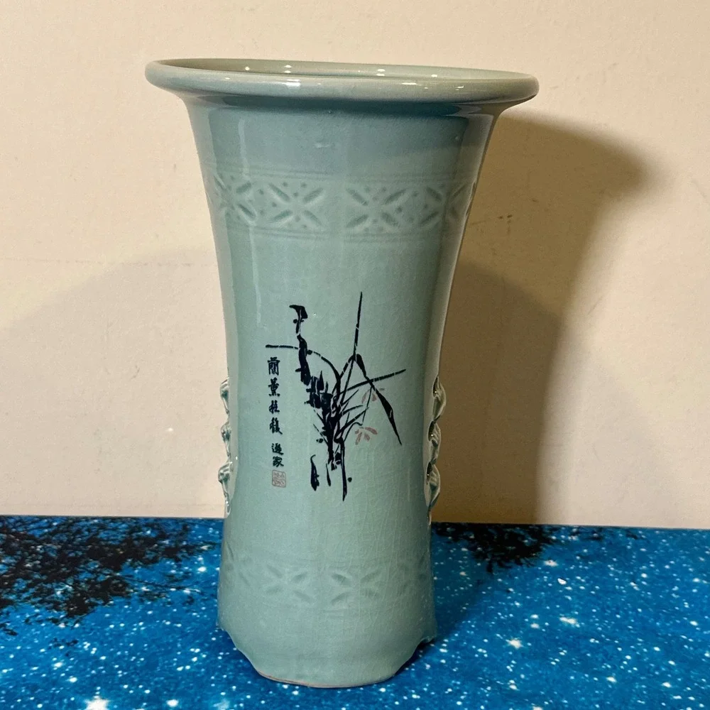 Vintage Celadon Ceramic Orchid Pot Chinese Calligraphy Crackle Glaze Vase 10in